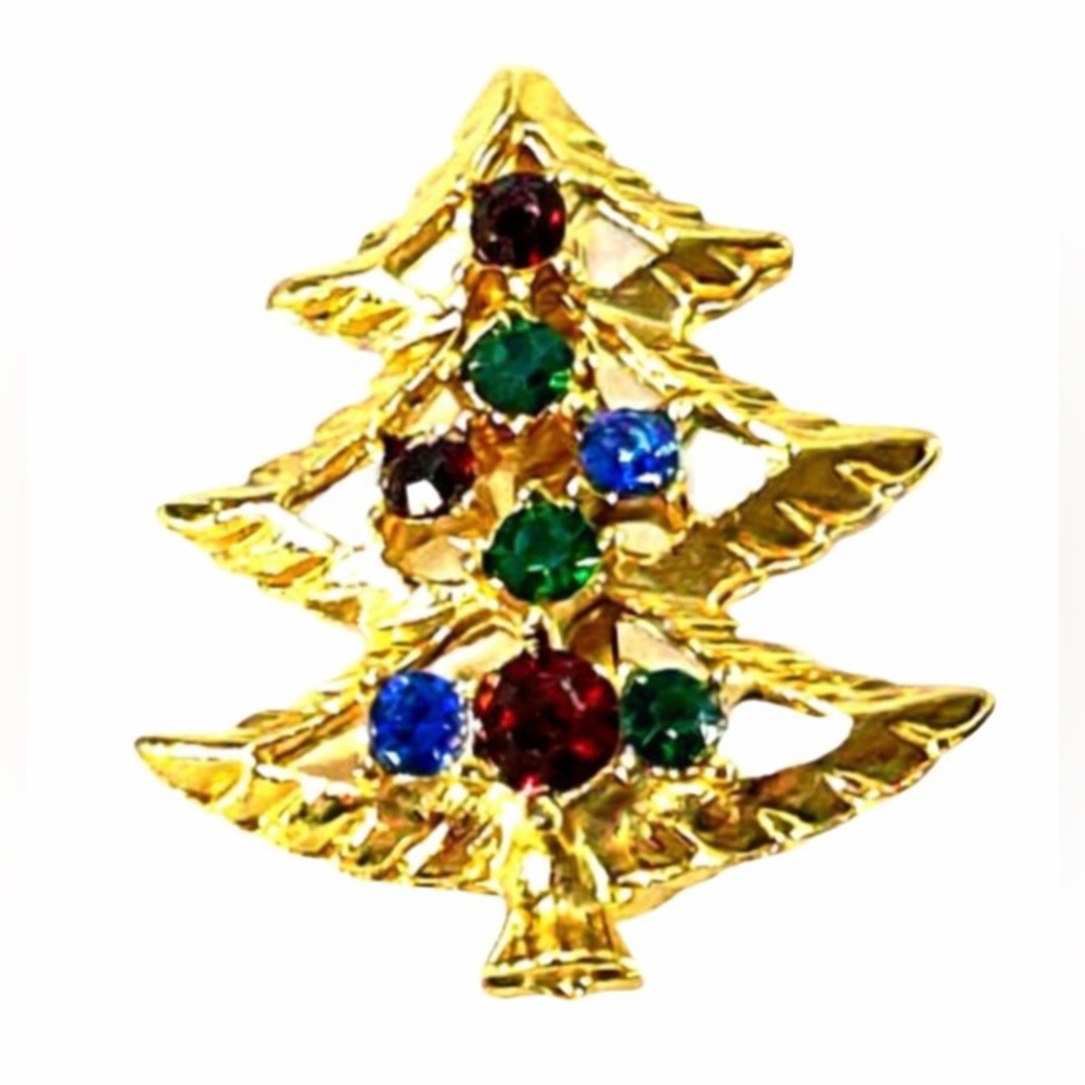 Vintage Christmas Tree Brooch Gold Tone Multicolor Rhinestone Holiday Pin - Picture 2 of 6